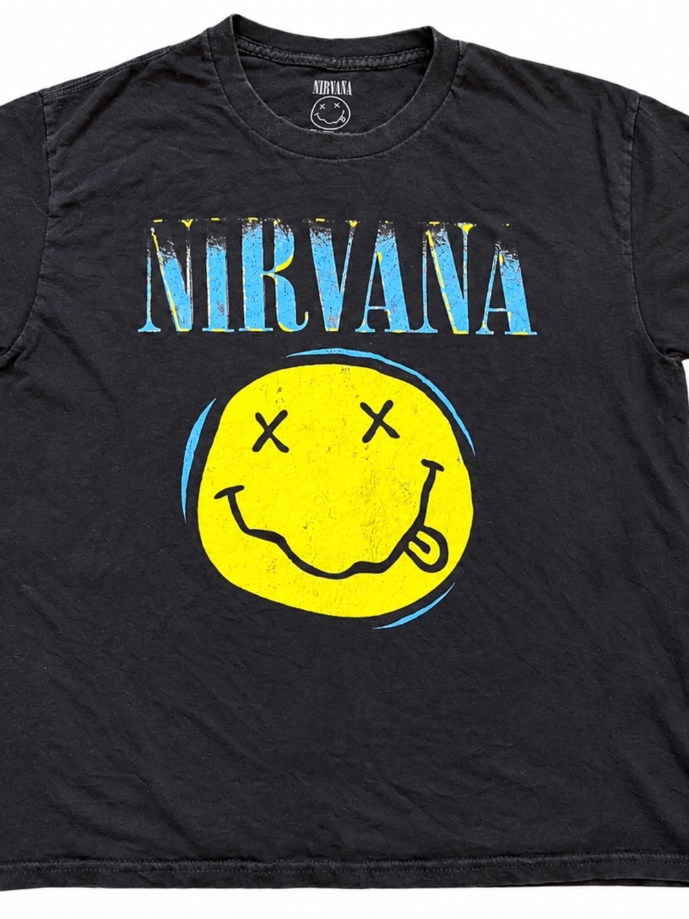 Nirvana Smiley Face T-Shirt Mens M Black Blue Yellow Grunge Band Graphic Tee